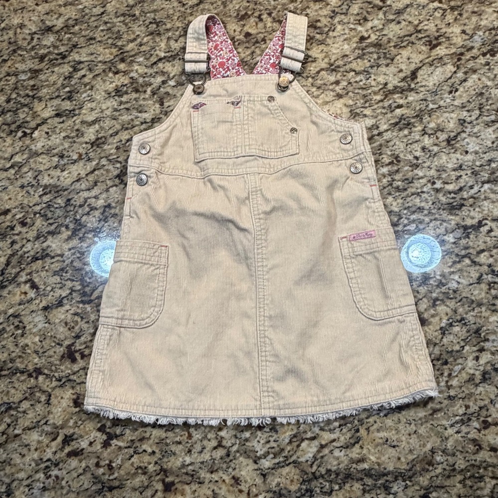 Old Navy Girls 4T Tan Corduroy Overall Jumper Dress Floral Lining Frayed Hem
